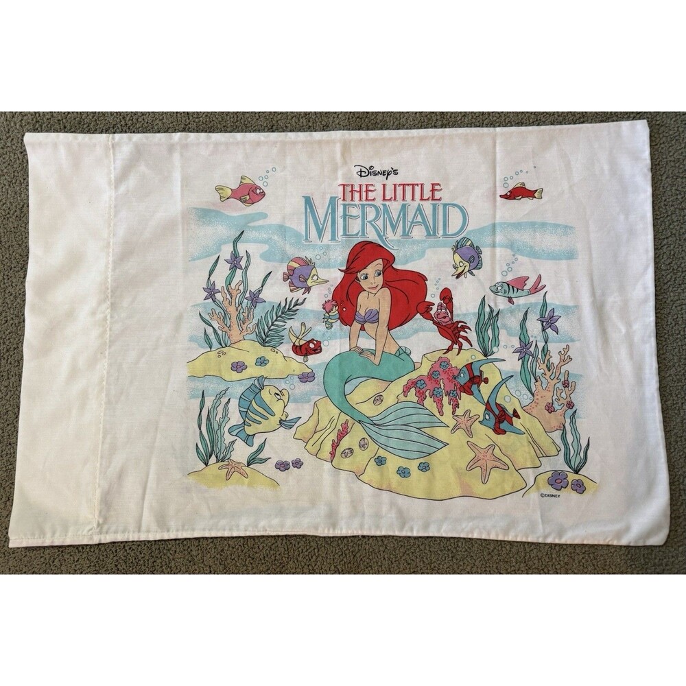 VTG The Little Mermaid Standard Pillowcase Double Sided  31" x 19" 1990's Disney